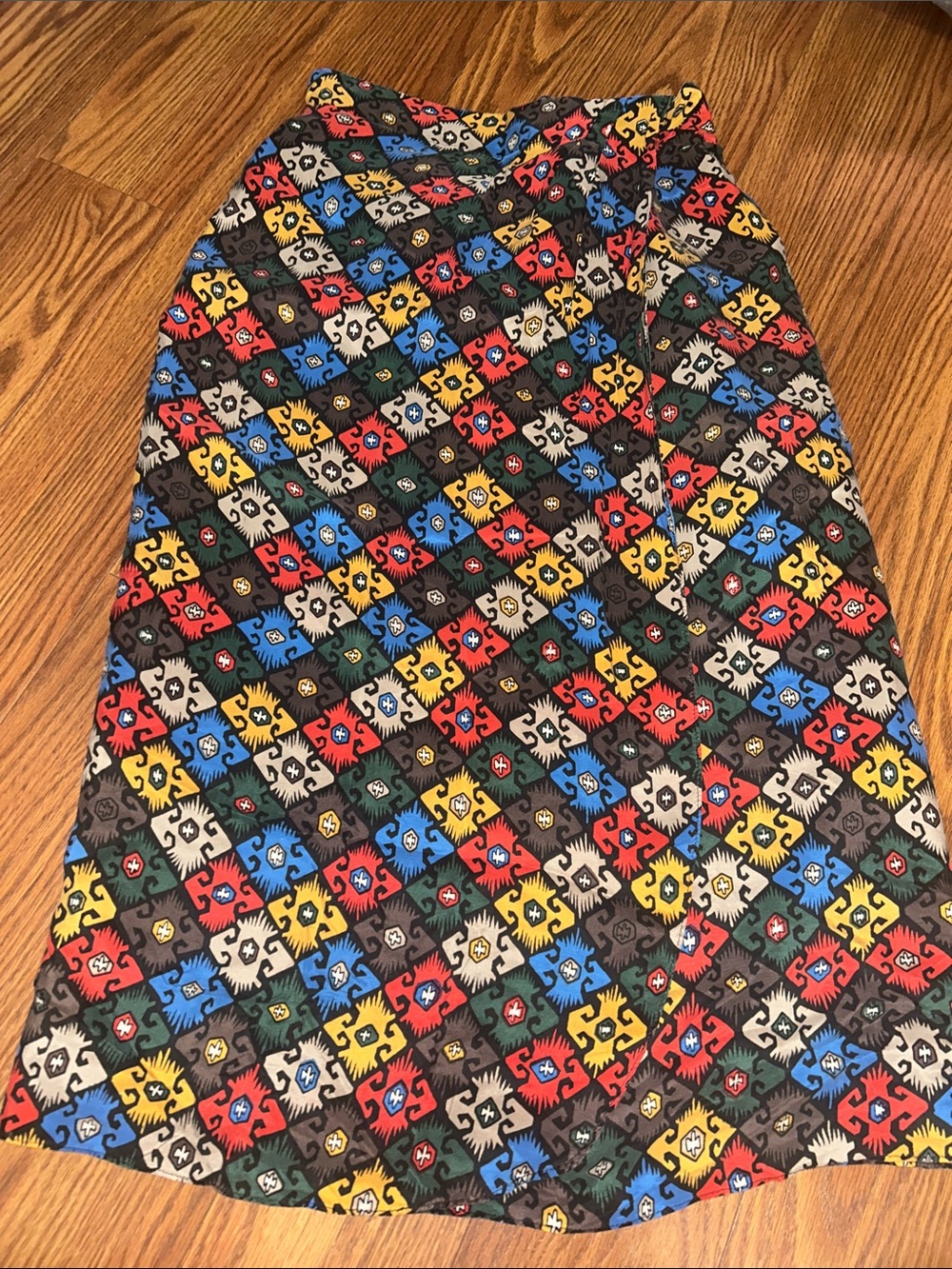 Vintage Silk 1970s Bohemian A-line Midi Skirt Geometric Flawless Retro Sunburst